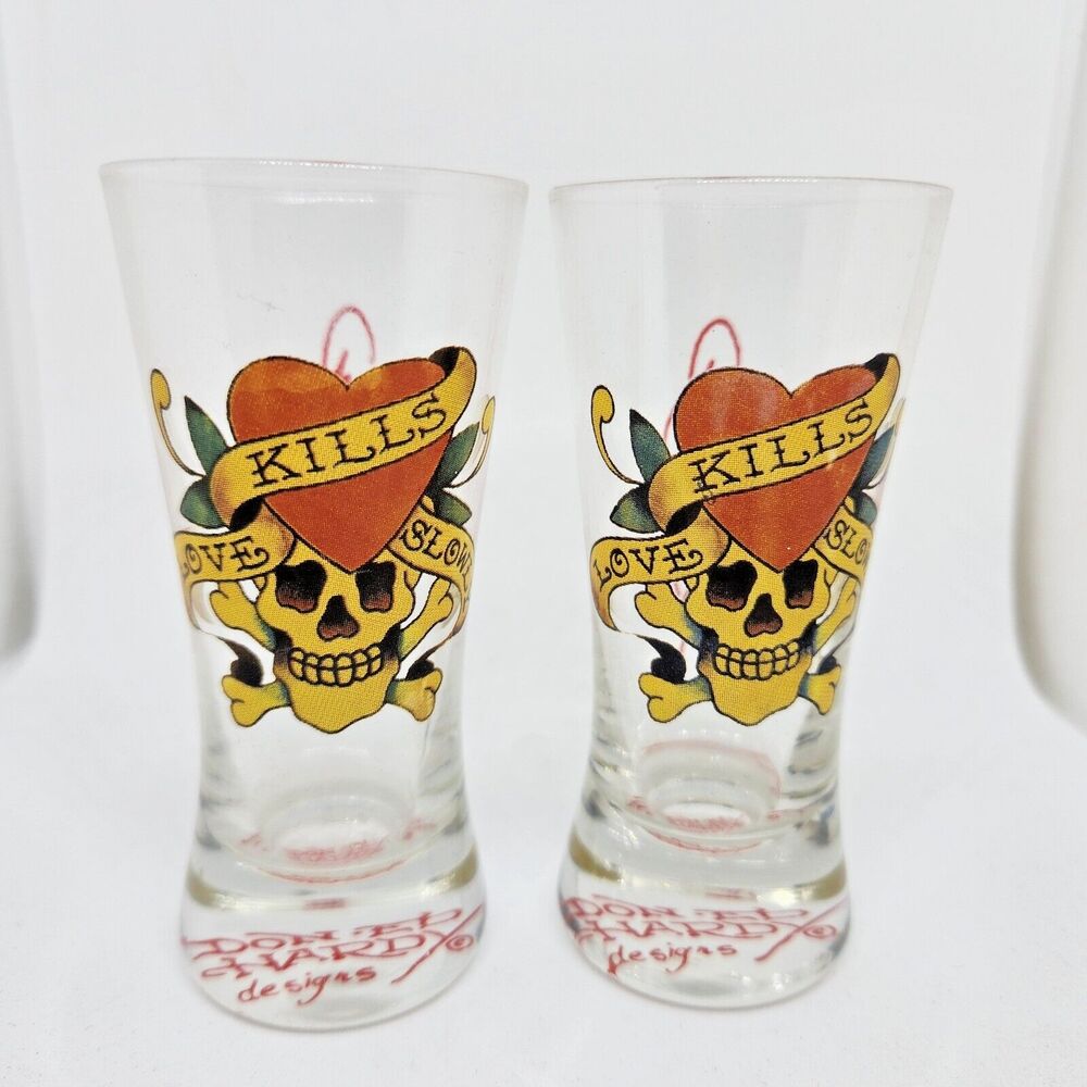 Ed Hardy “Love Kills Slowly” Shot Glasses Set of Two (2) 2oz Shooter Glass Skull